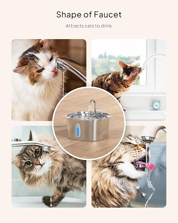 PEKTACO Stainless Steel Cat Water Fountain, 3.2L/108oz Cat Water Dispenser with Quiet Water Pump, Dishwasher Safe Pet Drinking Fountain for Cats