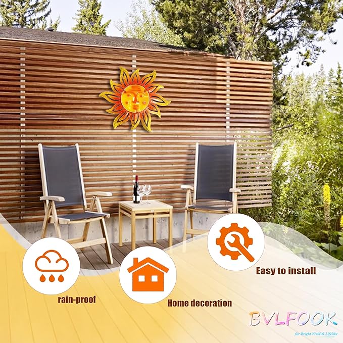 Metal Sun Wall Art Decor,12 Inch Retro Hanging Decor With Glass,Sun Face Outdoor Indoor Wall Decorations For Patio Yard Garden Fence Living Room Bedroom
