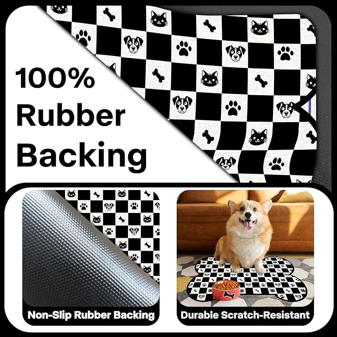 Pet Dog Cat Food Mat, Absorbent Bone Shaped Dog Bowl Mats for Food and Water, Non Slip Cute Footprint Dogs Cat Placemats Feeding Mat for Floors Puppy Pet Accessories Supplies 12"x20" Black White