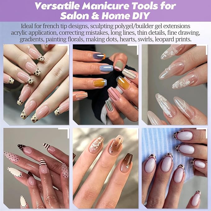 Gel Nail Art Brushes Set: 7Pcs Dense French Tip Brush With Liner Dotting Pen - Manicure Tools For Acrylic Builder Gel Polish Application Clean Up & Designs - Salon Home DIY Nail Artist