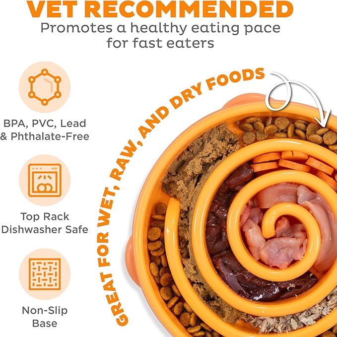 Outward Hound Slow Feeder Dog Bowl – Prevents Bloating & Fast Eating – Large 4 Cup Orange Swirl