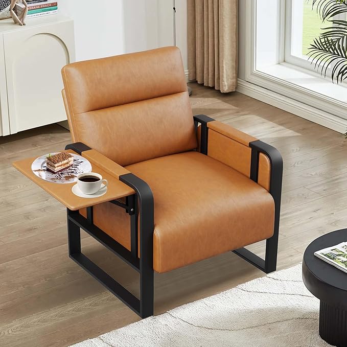 Modern Brown Accent Chair PU Leather Upholstered Armchair with Tray Table for Bedroom Living Room Chairs Office Chair