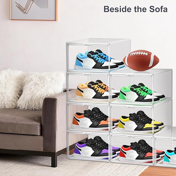 2 Pack Clear Shoe Boxes Size 12 Shoe Storage Organizer for Closet Stackable Shoes Rack Handbag Organizer Plastic Sneaker Storage Bin with Magnetic lids