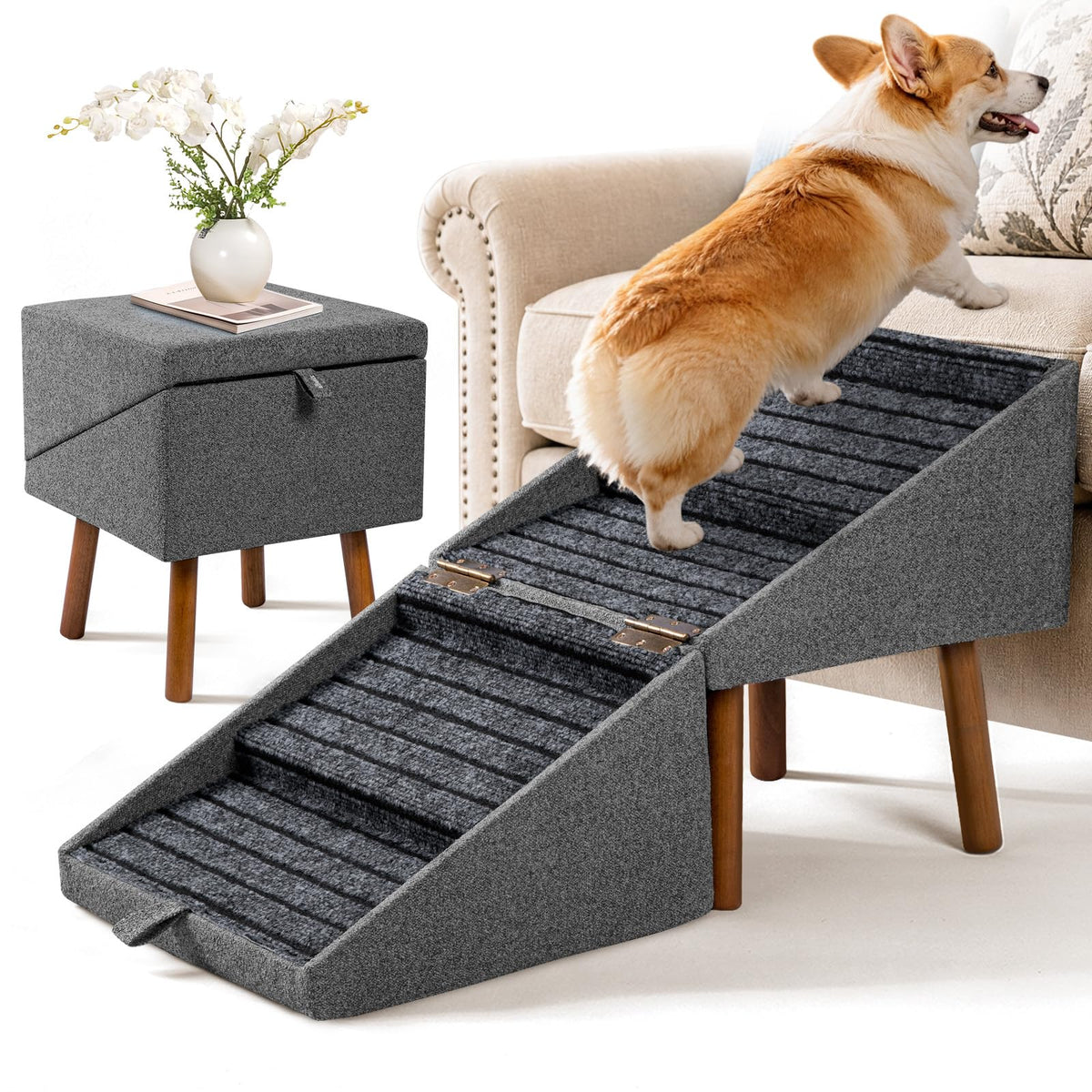 17" H Foldable Pet Steps for Sofa, Non-Slip Ramp Stairs(Charcoal) - Image 1