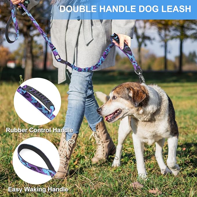 Heavy Duty Dog Leash for Medium Large Dogs That Pull,4-6FT Shock Absorbing Bungee Tactical Dog Leash with Control Padded Handle and Car Seatbelt,Reflective Lead for walking training,PurpleC
