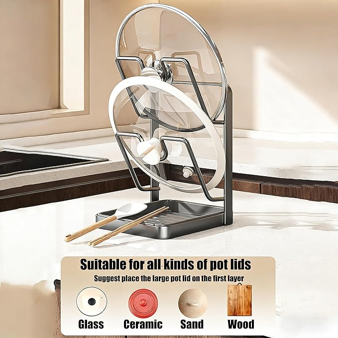 Kitchen Pot Lid Storage Rack, Stainless Steel Pot Lid Organizer & Holder, Lid and Spoon Rest with Drip Tray While Cooking, Space Saving for Countertop, RV, and Small Kitchens (Beige)