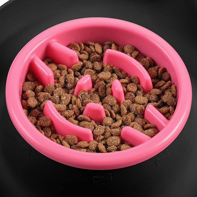 100% Waterproof BPA Free Pet Dog Bowls2 Stainless Steel（53oz+27oz） with 1.35“ Raised Edge Silicone Mat + Slow Feed Dog Water and Food Bowls for Feeding Small Large Dogs Cats Puppies (Black)