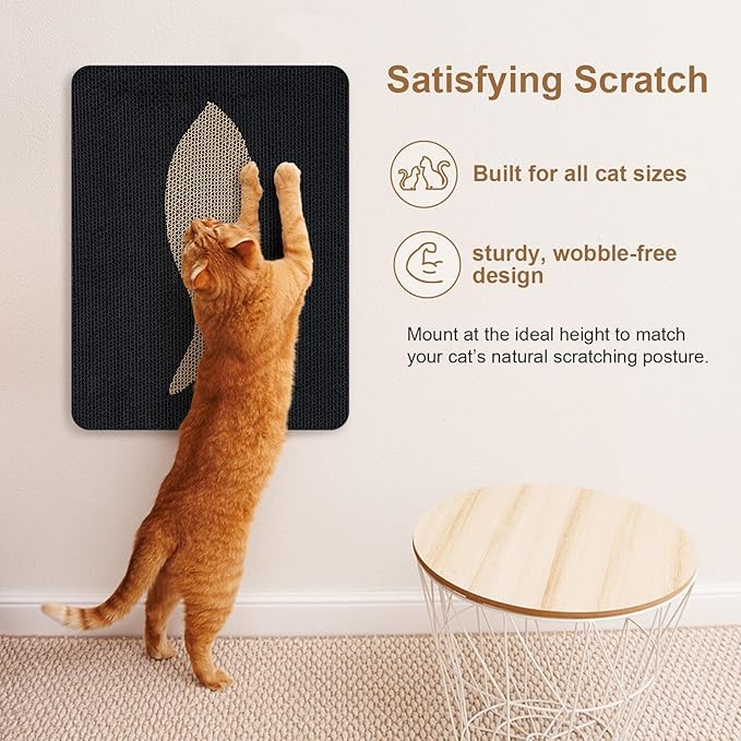 Ownpets Wall Cat Scratcher, Cute Vertical Cat Scratching Board, Wall Mounted Cat Scratch Pad for Wall, Glass, Wood, and Tile, Furniture Protector, Fish Print Black