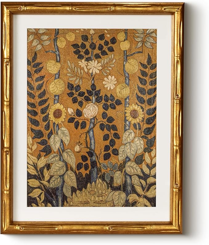 Vintage Botanical Garden Floral Wall Art Frame 11x14, Retro Gold Bamboo-Textured Framed Canvas Print Acrylic Cover, Classic Plant Painting Artwork Living Room Bedroom Entryway Home Décor