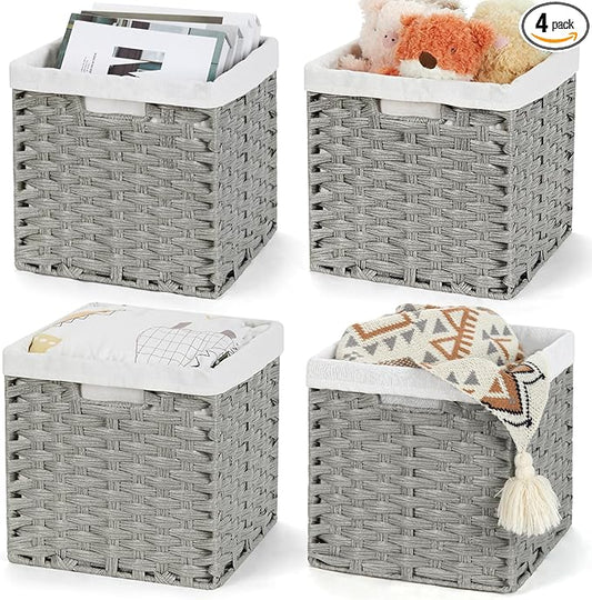 Bidtakay Wicker Cube Baskets with Liners Cube Storage Organizer for Shelves Closet 11 inch 4 Pack Decorative Hand-Woven Imitation Wicker Storage Bins for Organizing Pantry Bedroom Light Grey