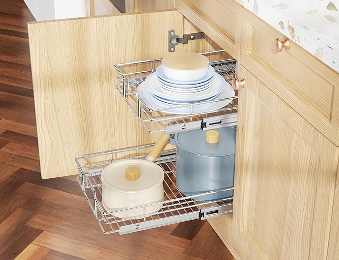 LOVMOR Individual Pull Out Cabinet Organizer, 2 Tier Slide Out Cabinet Drawers, Pots and Pans Organizer and Storage Pantry Shelf for Kitchen (11" W x 18" D)