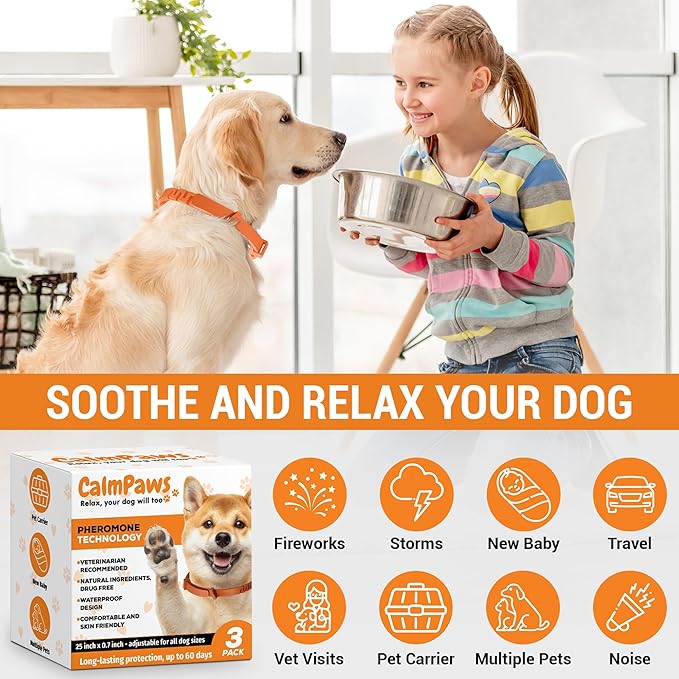CalmPaws 3 Pack, Calming Collar for Dogs, Dog Calming Pheromone Collar, Relief Anxiety Stress Separation, Lasts 60 Days, Adjustable for All Dogs