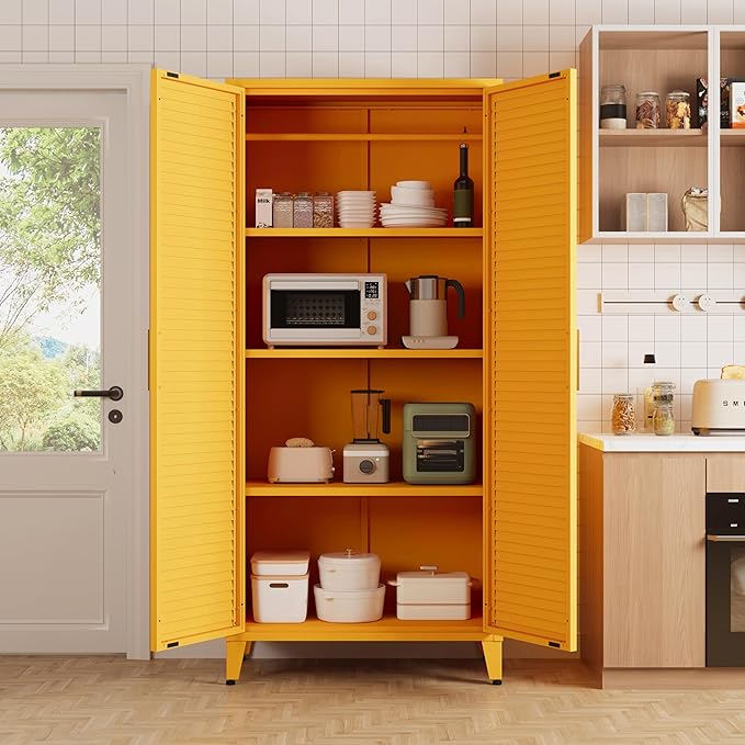Pantry Cabinet with 3 Adjustable Shelves, 4-Tier Freestanding Kitchen Storage Organizer, Multi-Function Storage Unit for Kitchen, Living Room, Home, Yellow 61" H X 27.6" W X 13.8" D