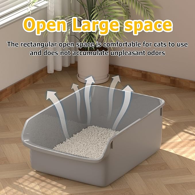Large Cat Litter Box with High Side Cat Litter Pan Boxes for Indoor Cats Kitty Litter Box with Low Entry Open Top Entrance Anti-Splashing(Grey)