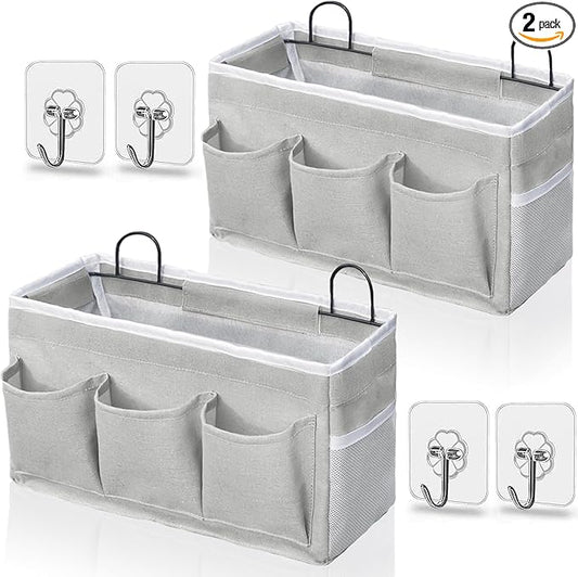 Wall Hanging Organizer Bag, 2-Pack Linen Storage Baskets with Pockets, Wall Hanging Storage Basket for Bedroom, Kitchen, Office, RV Camper (LightGrey-2pcs)