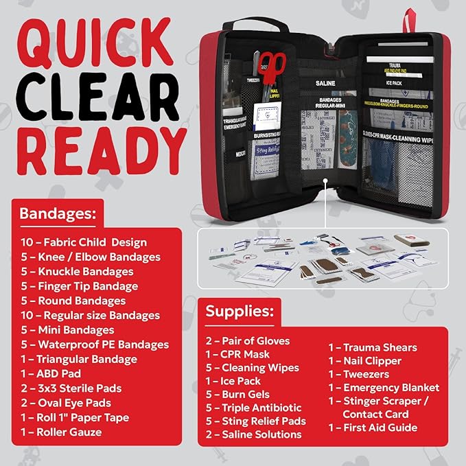 Portable First Aid Kit for Kids with CPR Shield - Ideal for Home, Car, School, Camping, and as a Travel First aid kit. Latex-Free Bandages – Children First Aid Guide by The Life Safety Pro