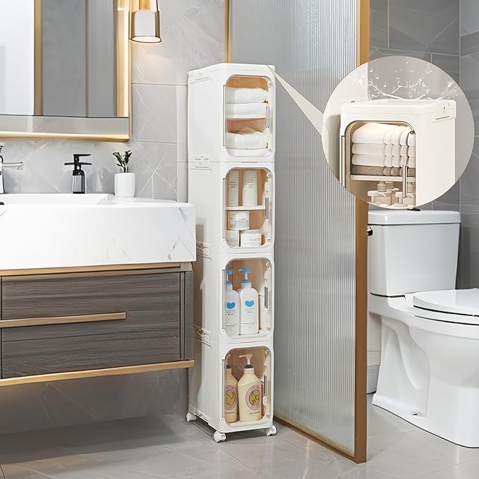 5-Tier Narrow Storage Cabinet Slim Bathroom Storage Cabinet with Movable Wheels Tall Bathroom Organizer Skinny Cabinet for Small Spaces，Beige