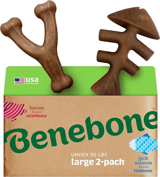 Benebone 2-pack Fishbone/Wishbone Durable Dog Chew Toys, Real Fish, Real Bacon, Made in USA, Large