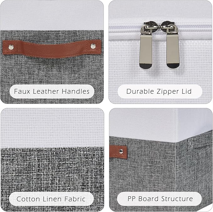 Storage Boxes with Zipper Lid Cotton Linen Fabric Lidded Storage Bins Baskets Foldable Washable Closet Shelf Clothes Organizer Container Faux Leather Handles (Gray White, Large)