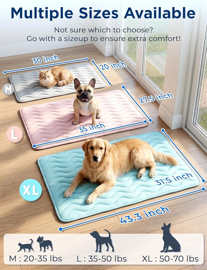 Dog Cooling Mat for Large Dogs, 35"x28" Breathable Self Cooling Crate Mat for Dogs & Cats, QMAX>0.5 Portable Washable Pet Cooling Mat for Dog Bed Thickened Cool Fiber Indoor/Outdoor Summer,Blue