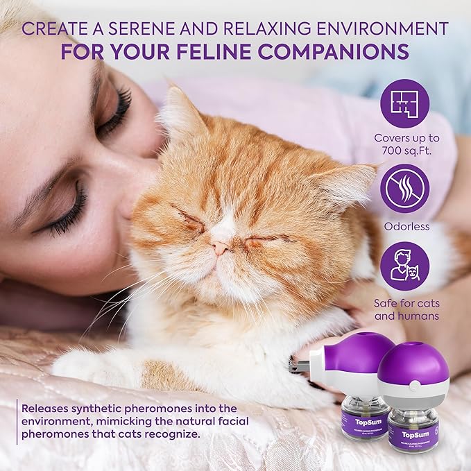 TopSum Cat Calming Pheromone Diffuser: Feline Pheromones Plug in for Stress, Along At Home, Spraying, Fighting, Scratching, Aggression & Excessive Meowing (Purple– 4 Refills New)