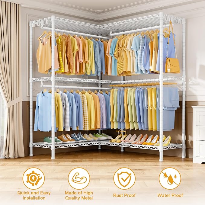 E15 Plus Garment Rack L Shaped Clothes Rack for Corner，Freestanding Clothing Racks for Hanging Clothes，Heavy Duty Closet System with 4 Hanging Rods & 8 S Hooks，48.5" W x 35" D x 78.4" H，White