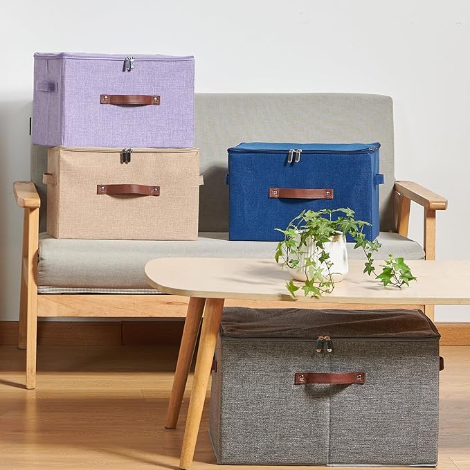 2 Pack Storage Bins with Zipper Lid Cotton Linen Fabric Lidded Storage Baskets Boxes Foldable Washable Closet Shelf Clothes Organizer Container with PU Leather Handles (Purple, Large)