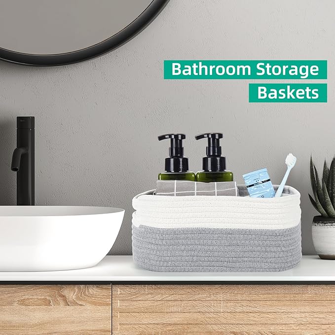 Bidtakay Small Cotton Rope Storage Baskets for Organizing 3 Pack Woven Baskets for Storage Closet Organizer Bins for Shleves 11.8×7.8×5 inch Cute Boho Decorative Basket with Handles - White&Grey