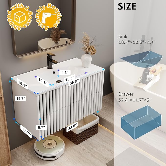 eclife 36" Floating Bathroom Vanity with Sink Combo, Modern Wall Mounted Cabinet with 2 Fluted Drawers, Undermount Sink, Faucet, Drain, Mixed White
