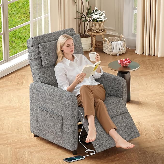 GarveeHome Recliner Chair Living Room Electric Recliner Adjustable Power Reclining Chair for Adults Home Theater Seating with Side Pockets & USB Port(Gray)