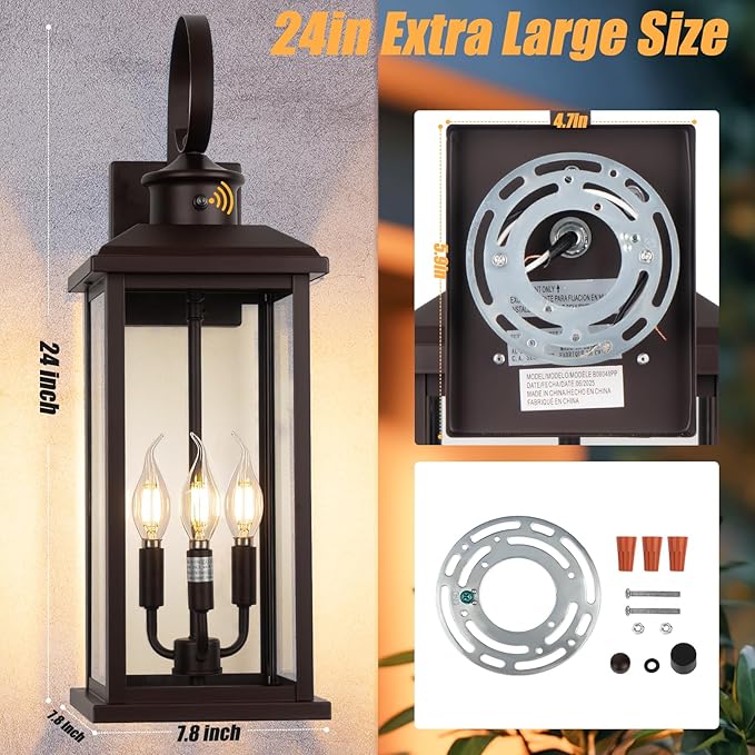 2Pack Dusk to Dawn Outdoor Wall Light Fixture, 24in Bronze Large 3-Light Modern Porch Lantern, Waterproof Exterior Lighting Sconce Wall Mount, Outside Lamp for House Garage Patio E12 Base