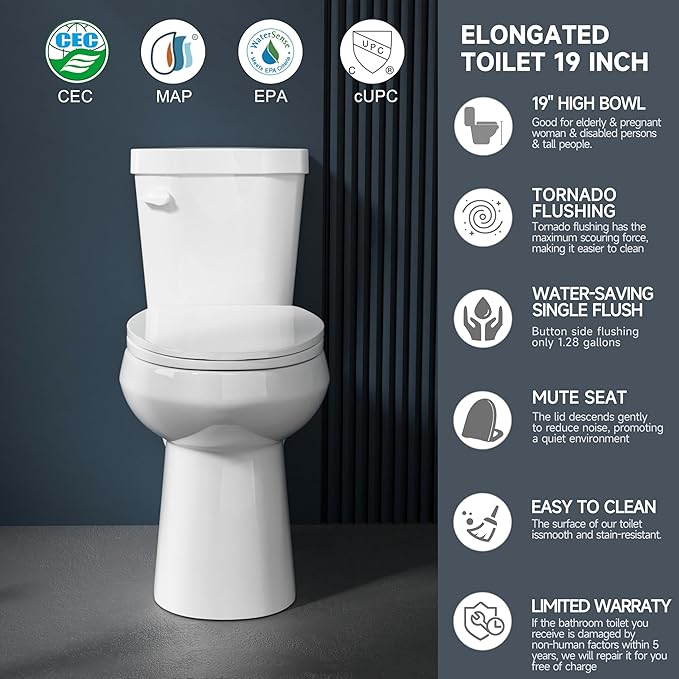 Elongated Tall Toilet 19 Inch for Bathroom 1.28 GPF Tornado Single Flush - Two Piece Comfort ADA High Toilet for Seniors, 19 Inch Bowl Height 20 Inch Seat Height, 12" Rough In, White
