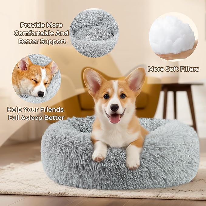 Calming Anti-Anxiety Donuts Dog And Cat Bed, Round Fluffy Soft Washable Small Medium Pet Bed For Puppy And Kitten, Cuddler Warming Comfortable Cushion, Luxury Anti-Slip Waterproof Mute Base 20in Gray