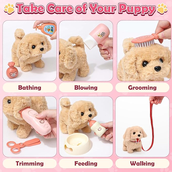 Golray Dog Toys for Kids Girls, Electronic Interactive Walking Barking Dog with 12 Pcs Carrier & Accessories Toddler Girl Toy Dog Puppy Pet Care Pretend Play Set, Birthday Gift for Little Girl 3 4 5 6