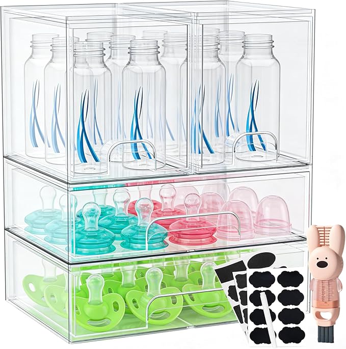 TOOGE Stackable Baby Bottle Organizer: Acrylic Bottle Organizer Baby Storage Drawers Clear Bottle Station Organization for Countertop Cabinet Vanity with 4 in 1 Cup Lid Cleaning Brush & Label - Wide