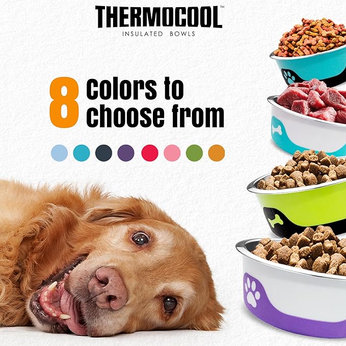 Thermocool Insulated Stainless Steel Pet Bowl - 16 Oz (Medium) Non-Slip Feeding Dish Reduces Sliding & Spills, Keeps Water Cold & Food Warm, Dishwasher Safe (Purple)