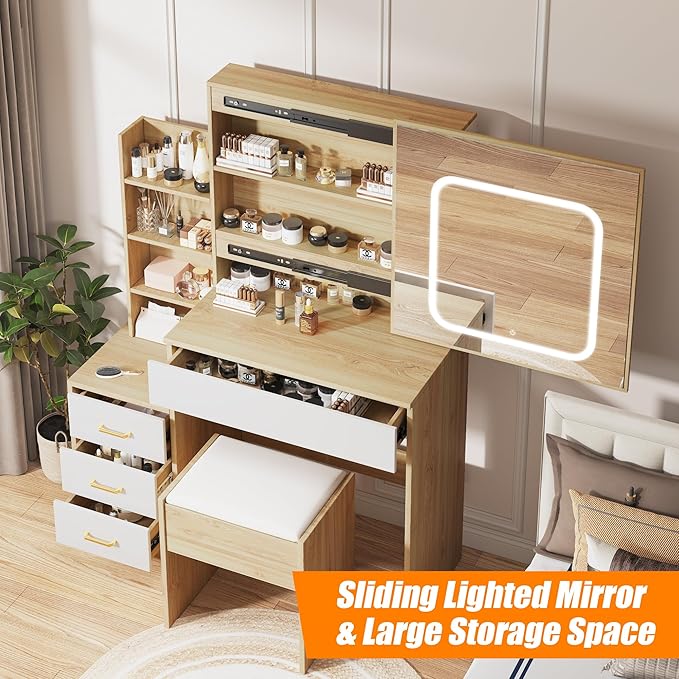 Vanity Desk with Sliding LED Mirror, Makeup Dressing Table with 4 Drawers, Storage Shelves, Power Outlet & Cushioned Stool, Adjustable 3 Lighting Modes, Modern Makeup Vanity Set for Bedroom, Natural
