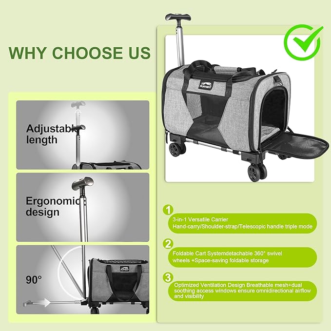 Cat Carrier with Wheels – Airline Approved Pet Travel Backpack, Soft-Sided Collapsible Rolling Carrier for Cats and Small Dogs, Expandable Top Loading Ventilated Design, Grey