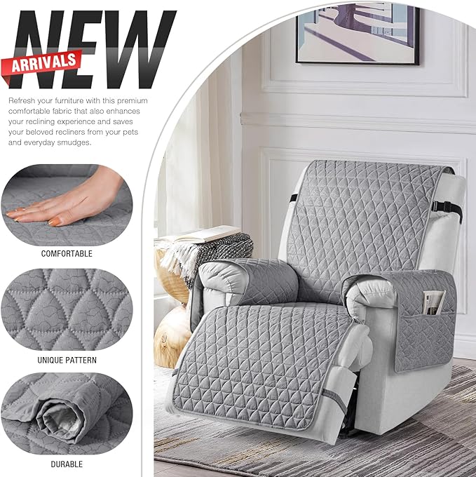 TAOCOCO 100% Waterproof Recliner Cover - Recliner Cover with Non-Slip Granule, Recliner Chair Covers with Elastic Band, Recliner Chair Covers for Reclining Chair(Light Grey, Oversized-30'')