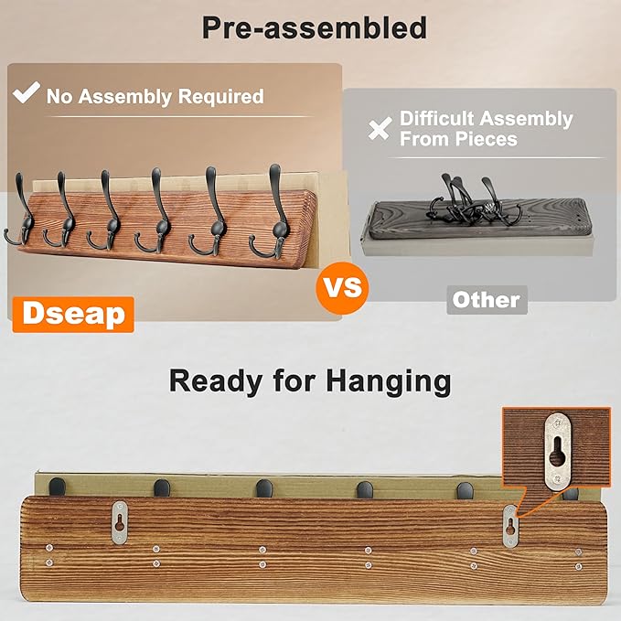 Dseap Coat Rack Wall Mounted - 24" Long 6 Tri Hooks, Heavy Duty Wooden Wall Coat Hanger Coat Hook for Clothes Hat Jacket Clothing, Weathered Blue and Black