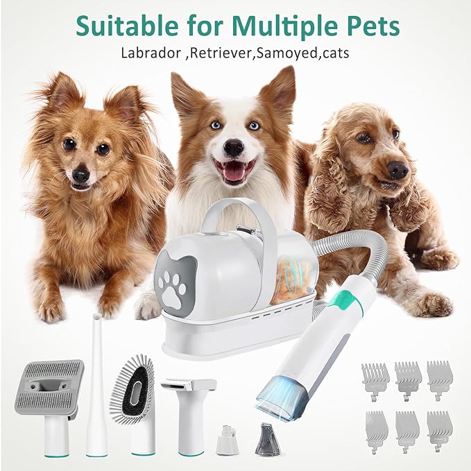 7-in-1 Ultra Quiet Dog Cat Grooming Vacuum Kit | 400W Powerful Suction, Hair Removal Tool for Shedding Pets | Professional Clippers & Deshedding Brush for All Furry Animals