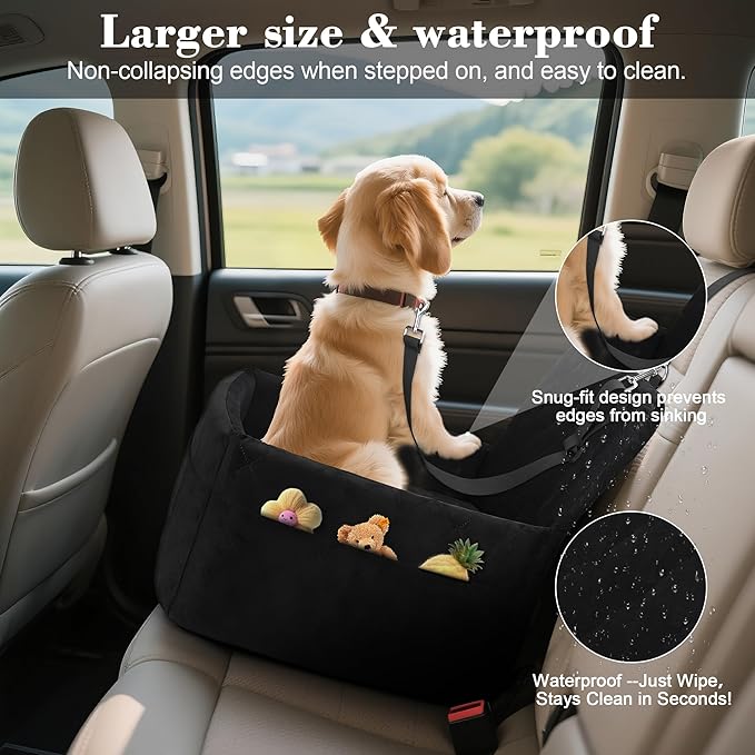 Dog Car Seat for Small/Medium Dogs,Pet Dog Booster Car Seat Puppy 15-35 lbs with Soft 4+2in Detachable Pads Detachable Elevated Cushion and Washable Cover Safety Belt Storage Pockets Easy to Install