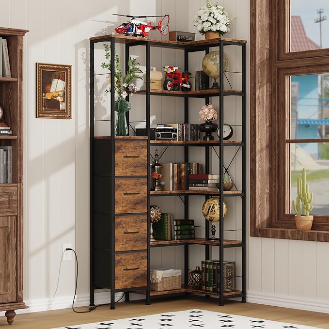 Corner Bookshelf with LED Light Strips & 4 Fabric Drawers, 6-Tier Convertible Corner Shelf with Display Shelf, Large Wood Industrial Bookcase for Living Room, Bedroom, Home Office, Rustic Brown