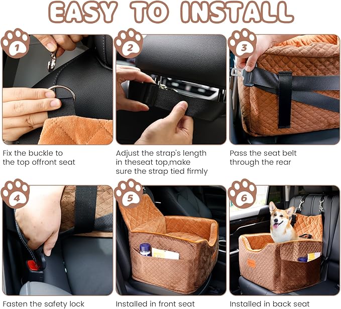 Memory Foam Booster Dog Car Seat with Washable Removable Cover, Elevated Pet Car Seat, Anti-Slip Sturdy Booster Seats for Small Dogs 35lbs, Seat Belt, Storage Pocket, Dog Blankets