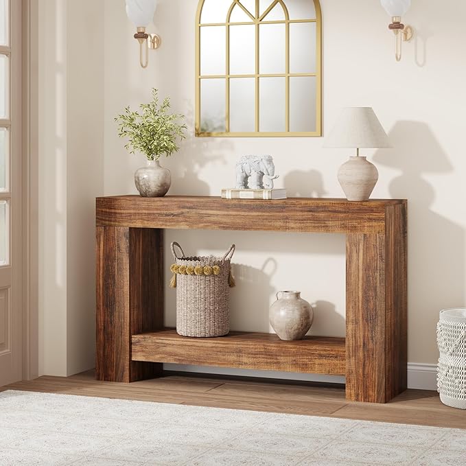 Garvee 47" Farmhouse Console Table with 2 Tiers and Storage – Large Wooden Sofa Table for Entryway, Hallway and Living Room