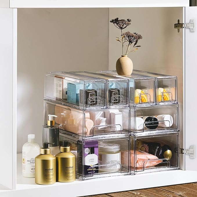 Sorbus Medium Clear Stackable Storage Drawers – 4-Pack Plastic Organizer Bins with Handles – Stackable Pull-Out Storage Drawers for Closet, Pantry, Office, Bathroom, Craft, and Toy Organization