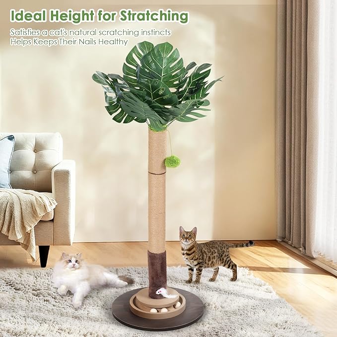 Cat Scratching Post, 35 Inch Tall Cat Scratcher Cat Tree Tower with Hanging Ball for Indoor Cats Adults,Monstera Sisal Rope Kitten Scratch with Interactive Mouse Cat Toy