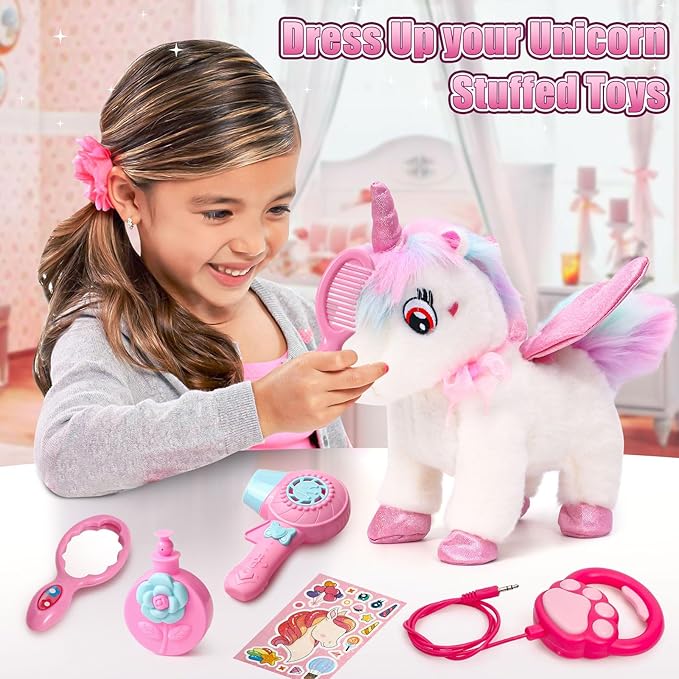 Walking Talking Remote Control Unicorn Toy for Girl Age 4-6, Electronic Interactive Plush Unicorn with Leash & Costume, Pretend Play Pet Care Toy Birthday Gift for Toddler Kid Girl Age 3 4 5 6 7