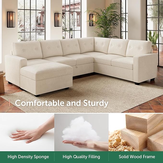 HONBAY 106.2 Inch U-Shaped Sectional Sleeper Sofa with Pull-Out Bed & Storage Ottoman, 7-Seater Sectional Sofa for Living Room, Pet-Resistant Corduroy Couch, Beige
