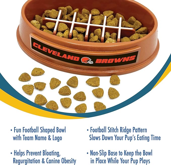 NFL Super-Bowl - Cleveland Browns Slow Feeder Dog Bowl. Football Design Slow Feeding Cat Bowl for Healthy Digestion. Non-Slip Pet Bowl for Large & Small Dogs & Cats
